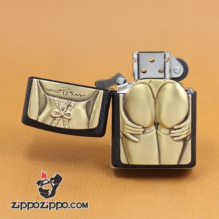 Zippo Chính Hãng Phiên Bản Châu Âu Màu Đen Sần Vỏ Trước Đúc Hình Cô Gái Sexy