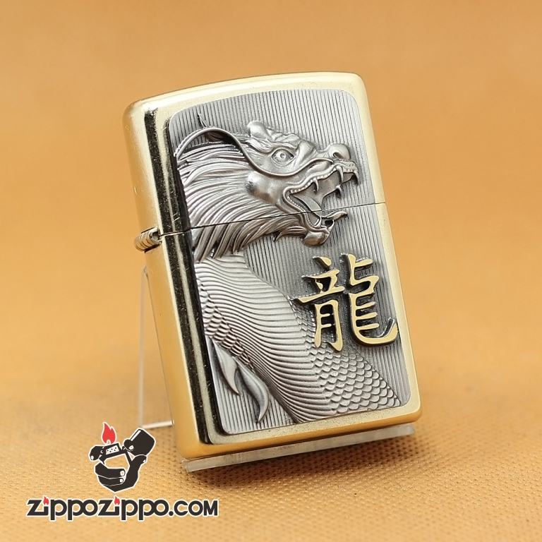 Zippo Chính Hãng màu Vàng Mặt Trước Đúc Hình Rồng Gào Thét