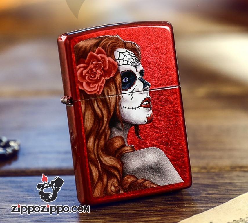 Zippo Chính Hãng Phiên Bản Hàn Quốc Màu Đỏ In Hình Cô Gái Ma