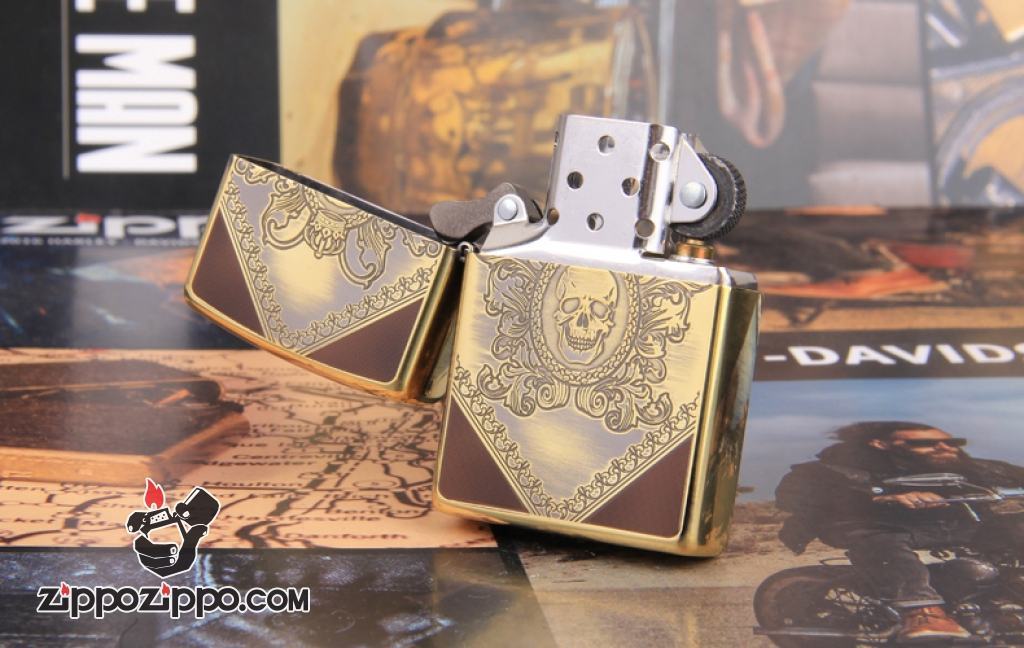 Zippo Chính Hãng Đồng Khắc Đầu Lâu Hoa Văn