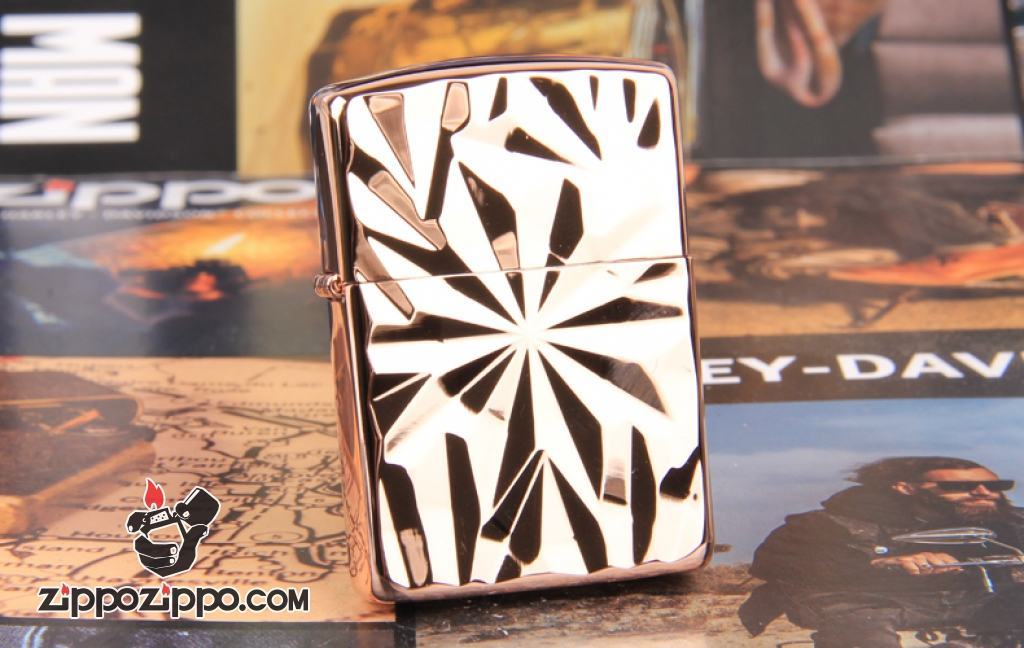 Zippo Chính Hãng Màu Vàng Hồng Dập Nổi Họa Tiết Đá Thạch Anh