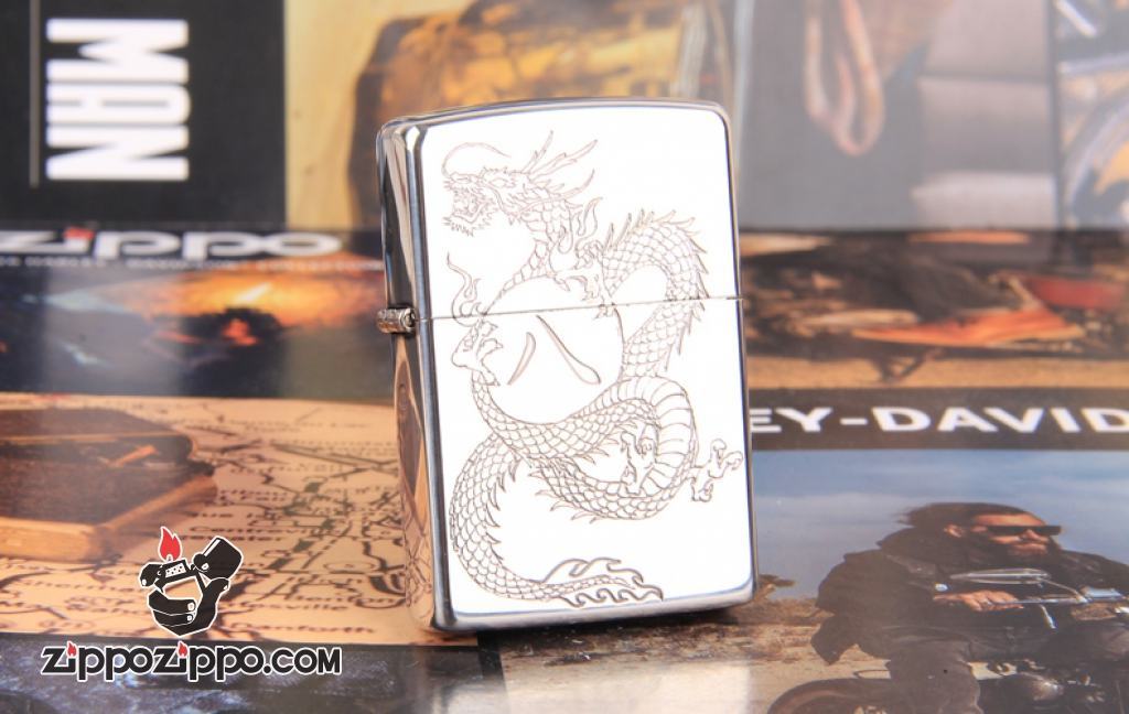 Zippo Chính Hãng Bạc Khắc Rồng Ôm Viên Ngọc Số 8