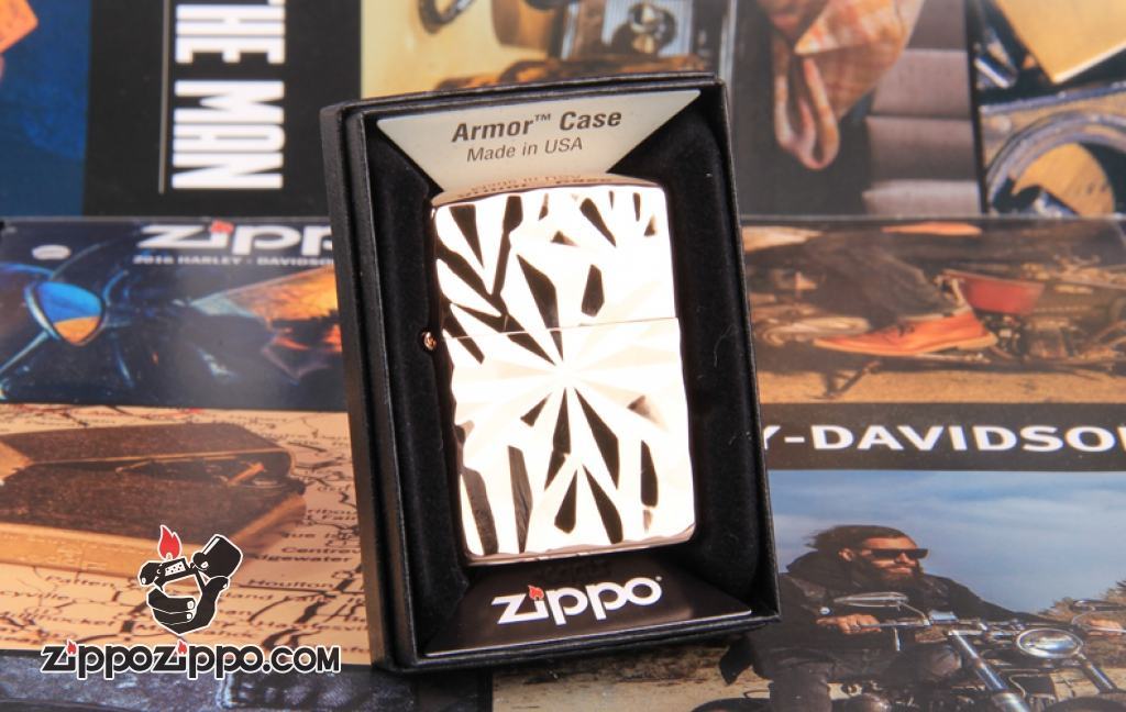 Zippo Chính Hãng Màu Vàng Hồng Dập Nổi Họa Tiết Đá Thạch Anh