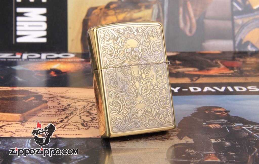 Zippo Chính Hãng Đồng Khắc Đầu Lâu Hoa Văn