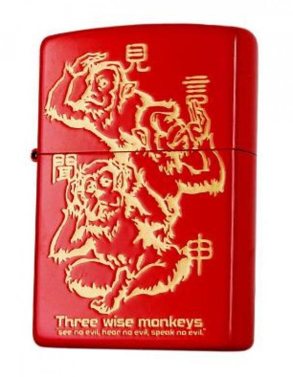 Zippo Chính Hãng Màu Đỏ Khắc Hình 3 Chú Khỉ 3 Không