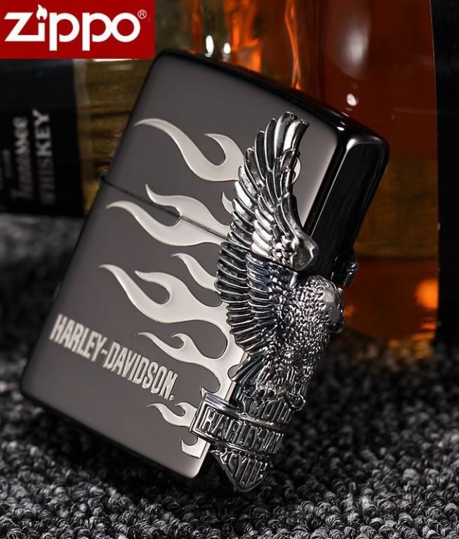 Zippo Chính Hãng Harley Davidson Màu Xám Hình Khối Chim Ưng Bên Sườn