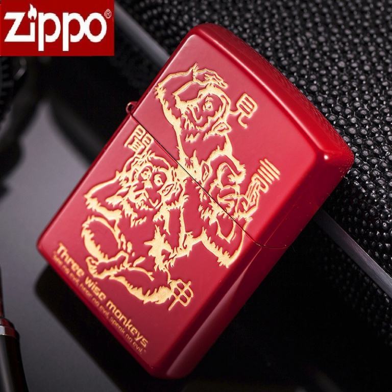 Zippo Chính Hãng Màu Đỏ Khắc Hình 3 Chú Khỉ 3 Không