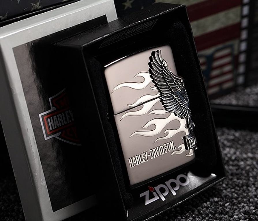 Zippo Chính Hãng Harley Davidson Màu Xám Hình Khối Chim Ưng Bên Sườn