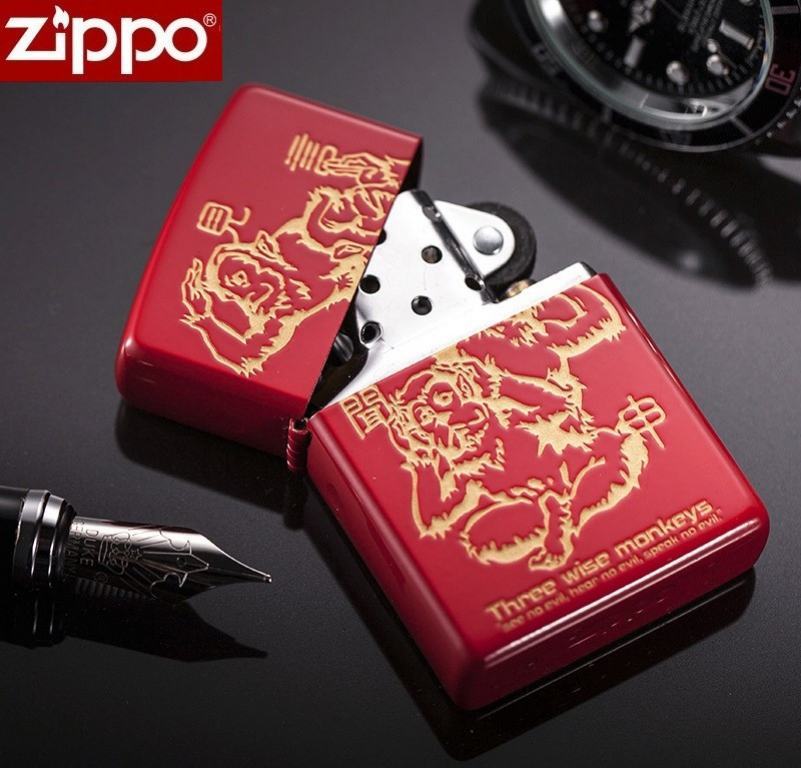 Zippo Chính Hãng Màu Đỏ Khắc Hình 3 Chú Khỉ 3 Không