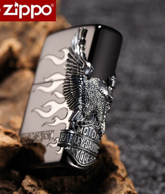 Zippo Chính Hãng Harley Davidson Màu Xám Hình Khối Chim Ưng Bên Sườn