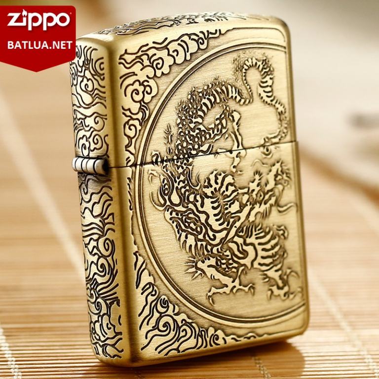 Zippo Chính Hãng Đồng Khắc Họa Tiết Rồng Vằn Cùng Mây Bao Quanh Vỏ Dày