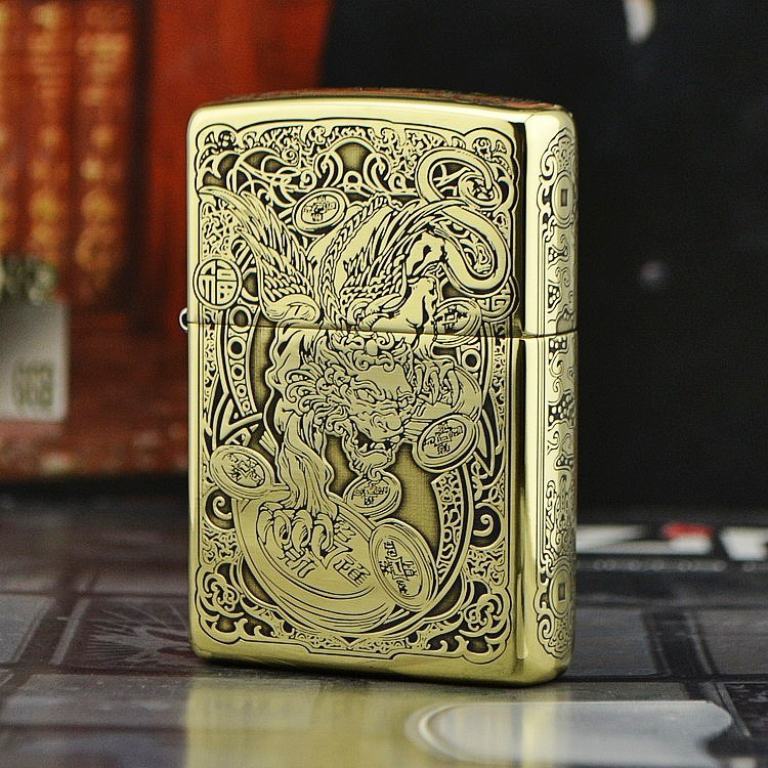 Zippo Chính Hãng Đồng Khắc Hình Tỳ Hưu Cùng Hoa Văn Đồng Xu