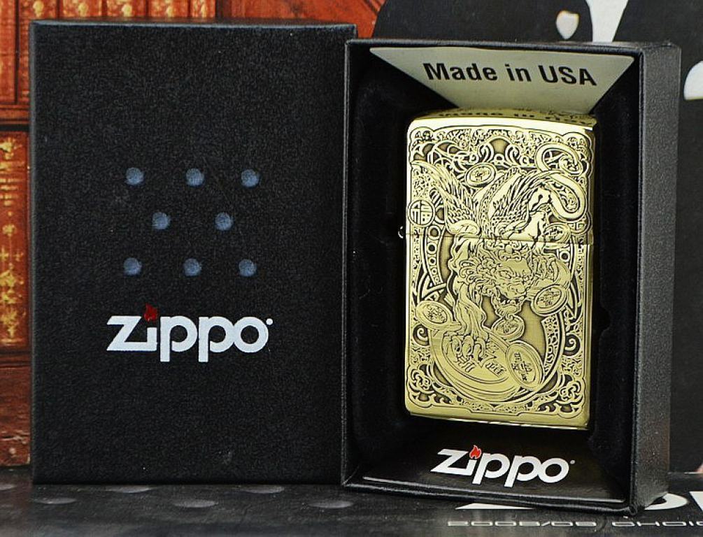 Zippo Chính Hãng Đồng Khắc Hình Tỳ Hưu Cùng Hoa Văn Đồng Xu