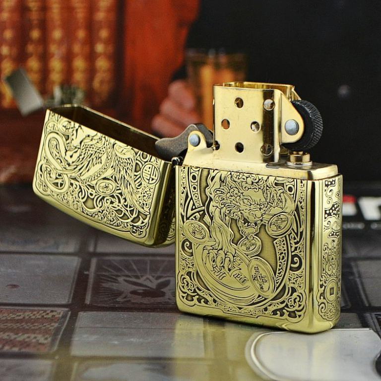 Zippo Chính Hãng Đồng Khắc Hình Tỳ Hưu Cùng Hoa Văn Đồng Xu