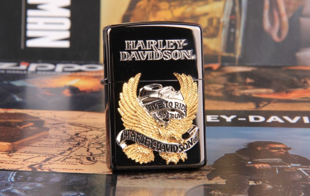 Zippo Chính Hãng Đen Harley Davidson Chim Ưng Mạ Vàng Live To Ride