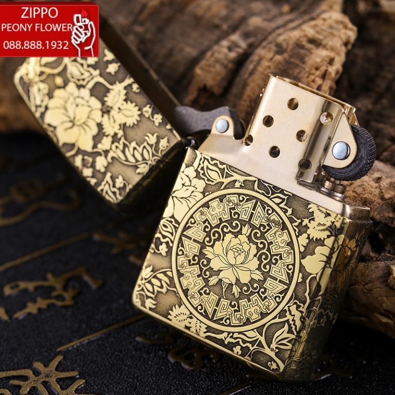 Zippo Chính Hãng Đồng Khắc Vòm Hoa Mẫu Đơn Xung Quanh