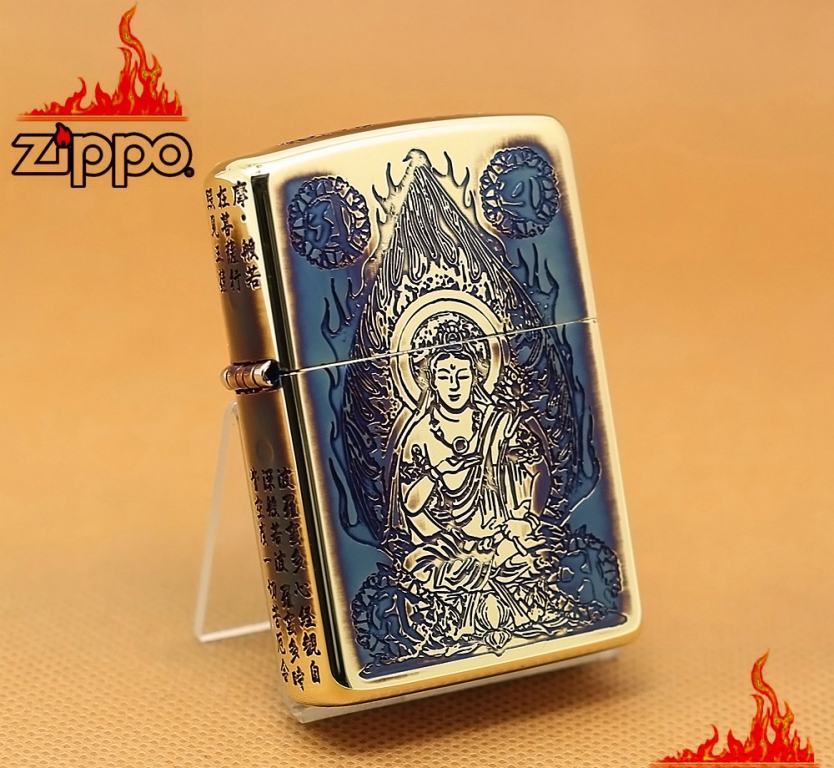 Zippo Chính Hãng Màu Vàng Đốt Khắc Hình Phật Cùng Tâm Kinh