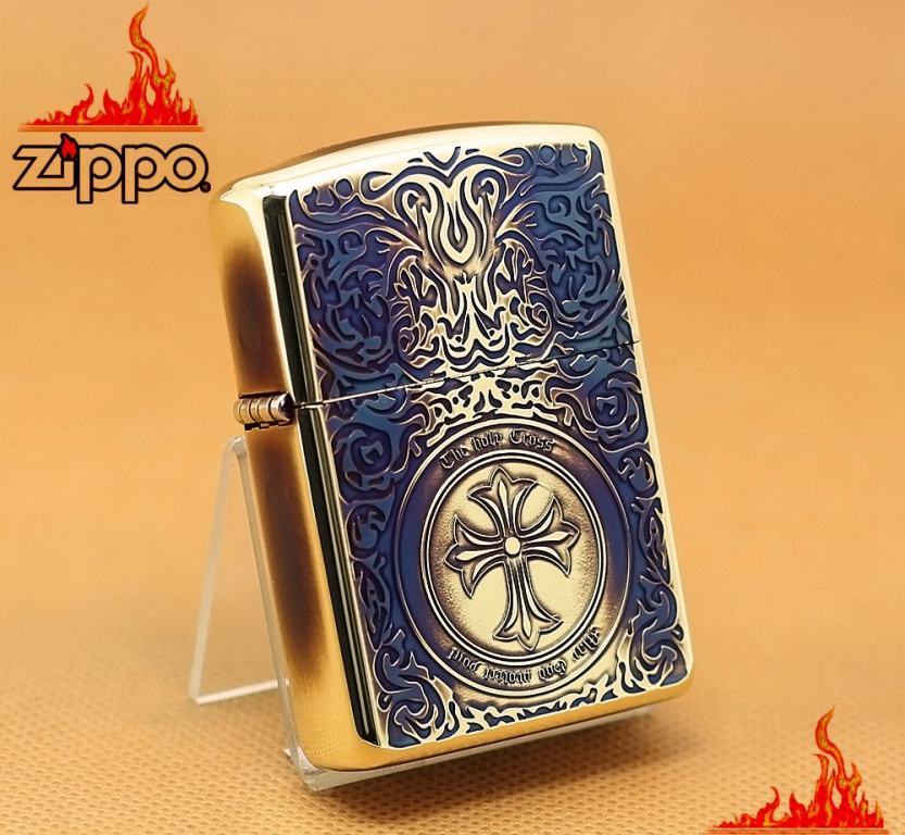 Zippo Chính Hãng Màu Vàng Đốt Khắc Thánh Giá Hoa Văn Arab Xung Quanh