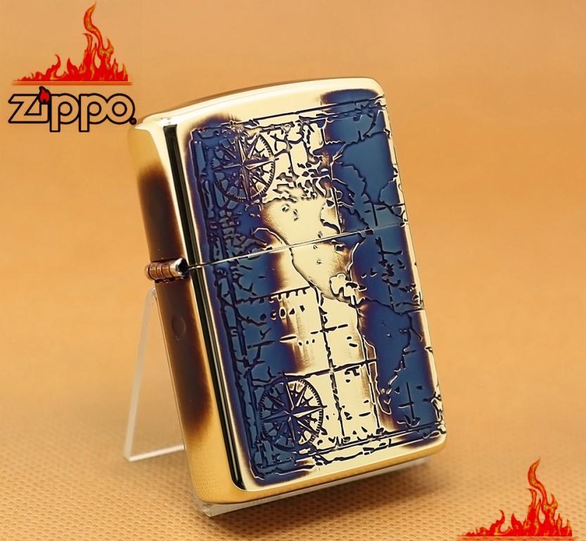 Zippo Chính Hãng Khắc Bản Đồ Cổ Vàng Nâu