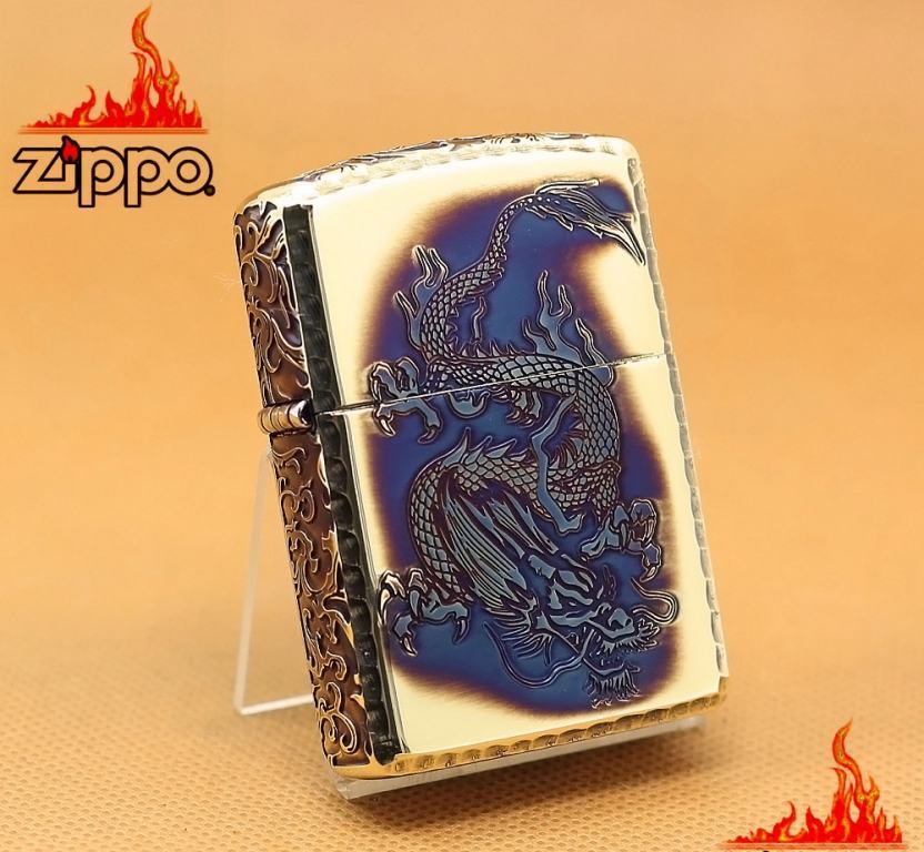 Zippo Chính Hãng Màu Vàng Đốt Khắc Rồng Bay Xuống Cùng Hoa Văn Arab Vỏ Dày Armor