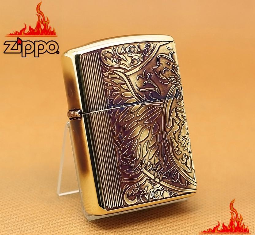 Zippo Chính Hãng Màu Vàng Đốt Khắc Hình Hổ Cùng Hoa Văn Tinh Xảo Vỏ Dày