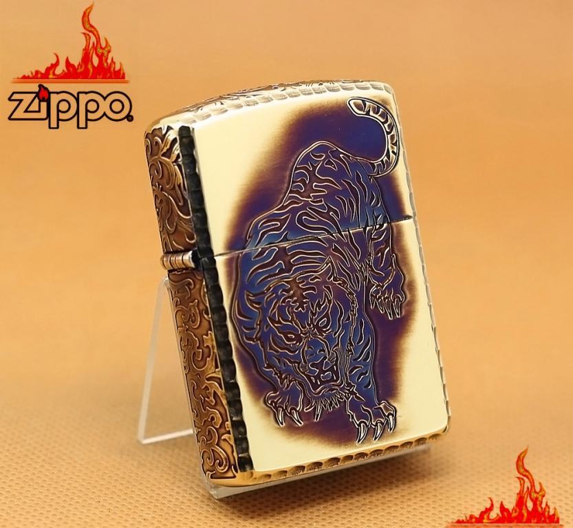 Zippo Chính Hãng Màu Vàng Đốt Khắc Hổ Mặt Trước Xung Quang Hoa Văn Arab Vỏ Dày