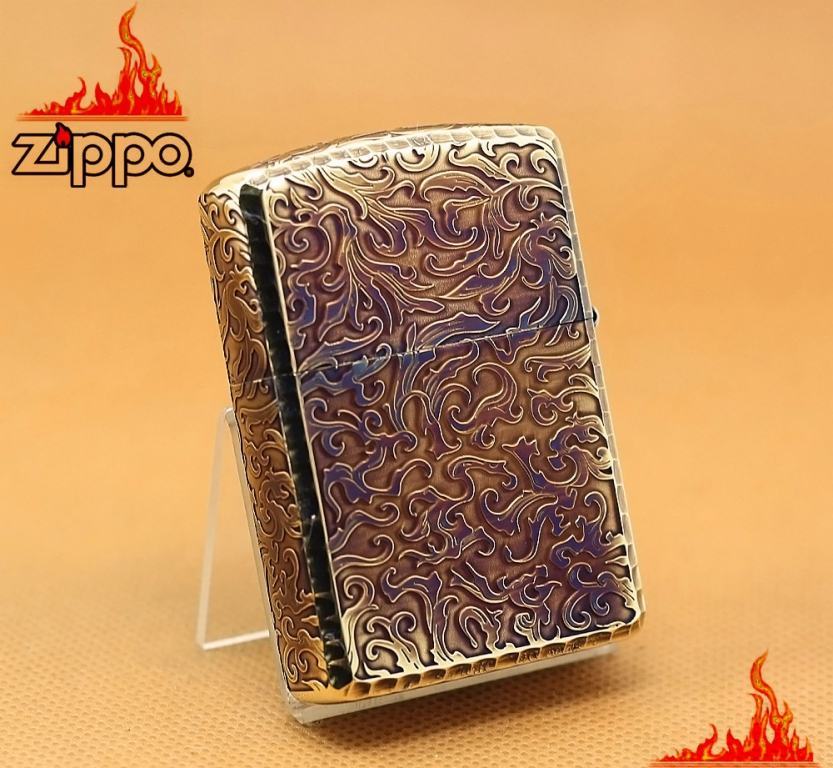 Zippo Chính Hãng Màu Vàng Đốt Khắc Hổ Mặt Trước Xung Quang Hoa Văn Arab Vỏ Dày