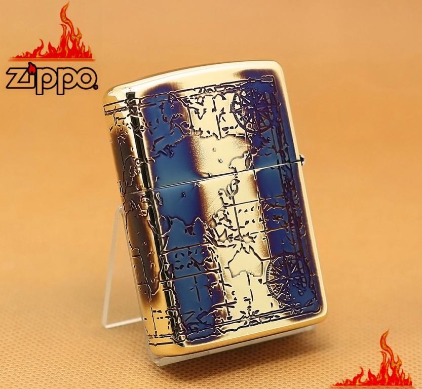 Zippo Chính Hãng Khắc Bản Đồ Cổ Vàng Nâu