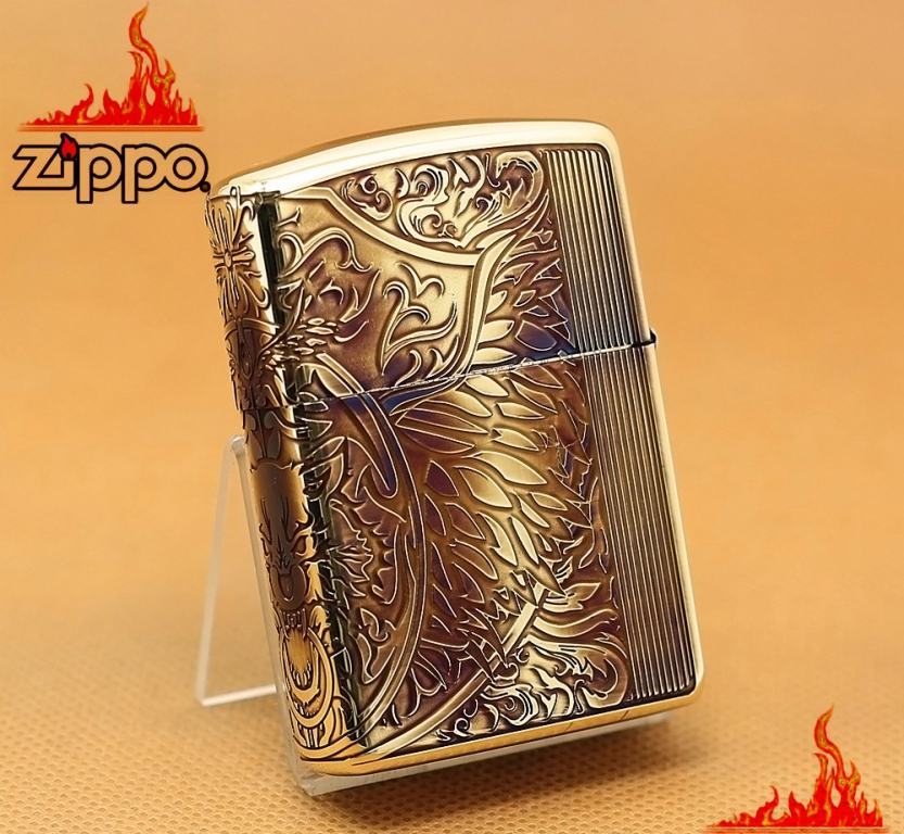 Zippo Chính Hãng Màu Vàng Đốt Khắc Hình Hổ Cùng Hoa Văn Tinh Xảo Vỏ Dày