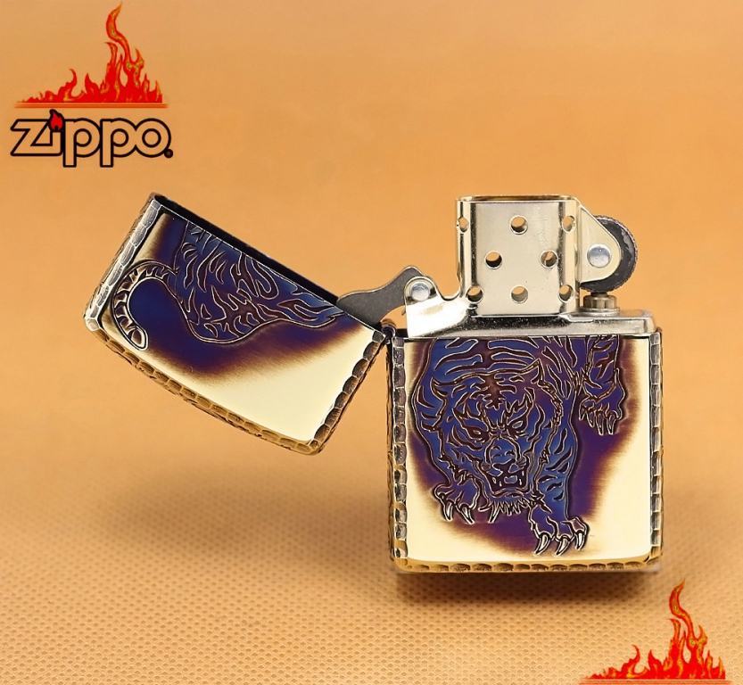 Zippo Chính Hãng Màu Vàng Đốt Khắc Hổ Mặt Trước Xung Quang Hoa Văn Arab Vỏ Dày