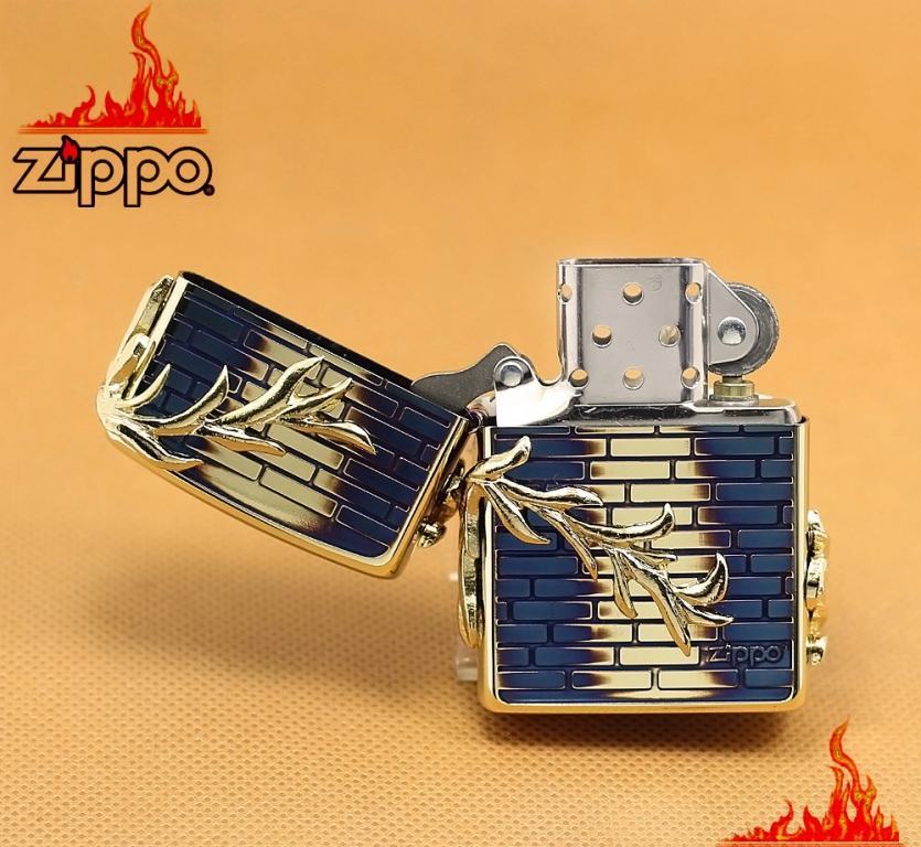 Zippo Chính Hãng Màu Vàng Đốt Đúc Hình Cành Liễu Nổi