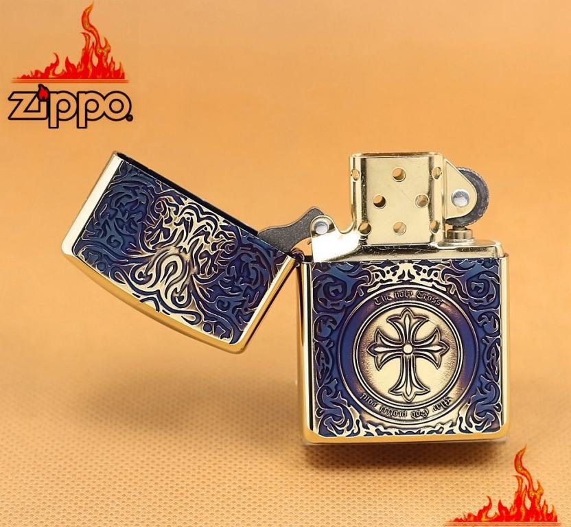 Zippo Chính Hãng Màu Vàng Đốt Khắc Thánh Giá Hoa Văn Arab Xung Quanh