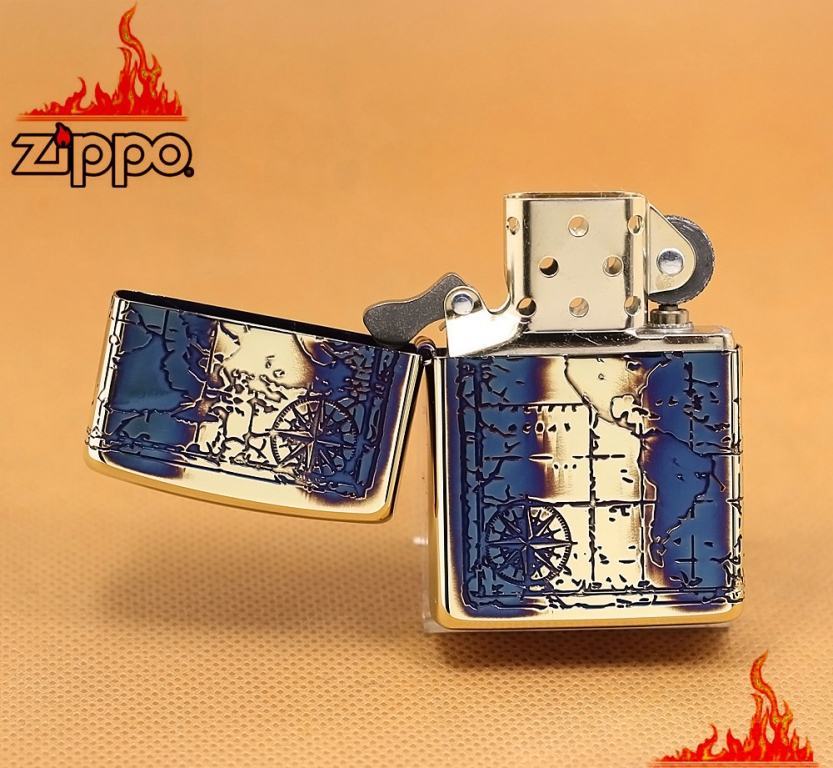 Zippo Chính Hãng Khắc Bản Đồ Cổ Vàng Nâu