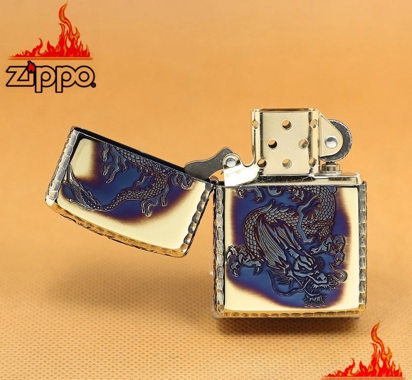 Zippo Chính Hãng Màu Vàng Đốt Khắc Rồng Bay Xuống Cùng Hoa Văn Arab Vỏ Dày Armor