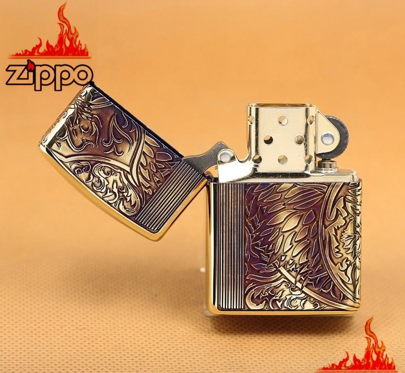 Zippo Chính Hãng Màu Vàng Đốt Khắc Hình Hổ Cùng Hoa Văn Tinh Xảo Vỏ Dày