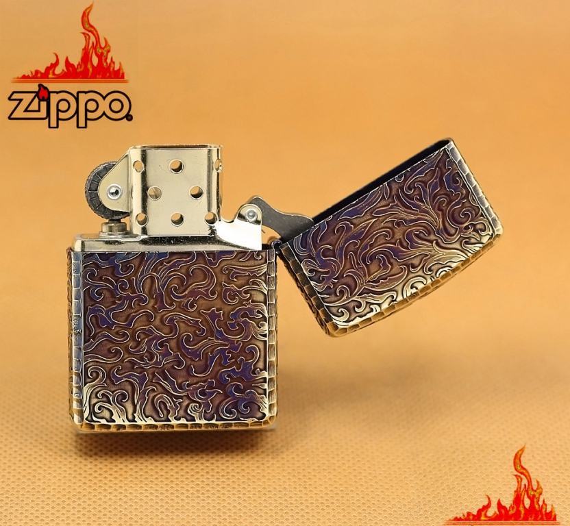 Zippo Chính Hãng Màu Vàng Đốt Khắc Hổ Mặt Trước Xung Quang Hoa Văn Arab Vỏ Dày