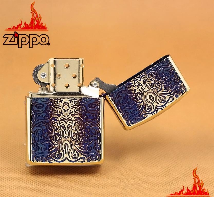 Zippo Chính Hãng Màu Vàng Đốt Khắc Thánh Giá Hoa Văn Arab Xung Quanh