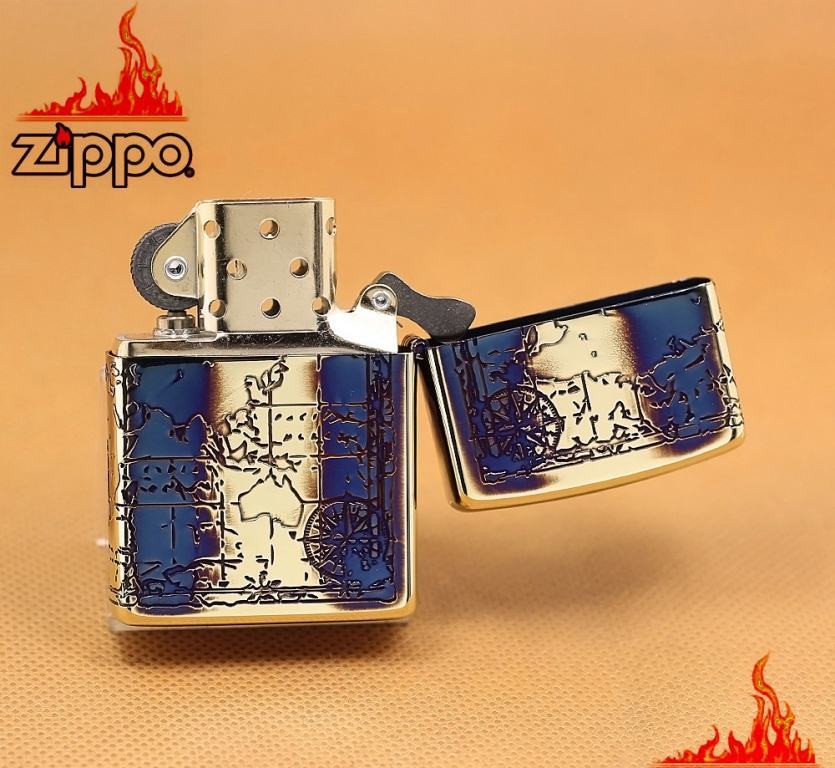 Zippo Chính Hãng Khắc Bản Đồ Cổ Vàng Nâu