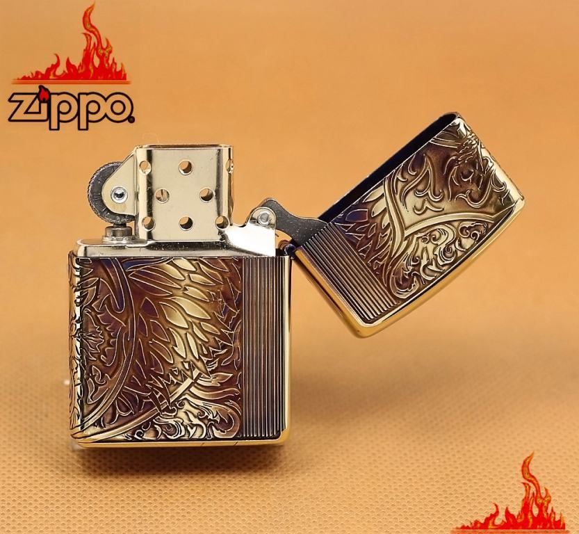 Zippo Chính Hãng Màu Vàng Đốt Khắc Hình Hổ Cùng Hoa Văn Tinh Xảo Vỏ Dày