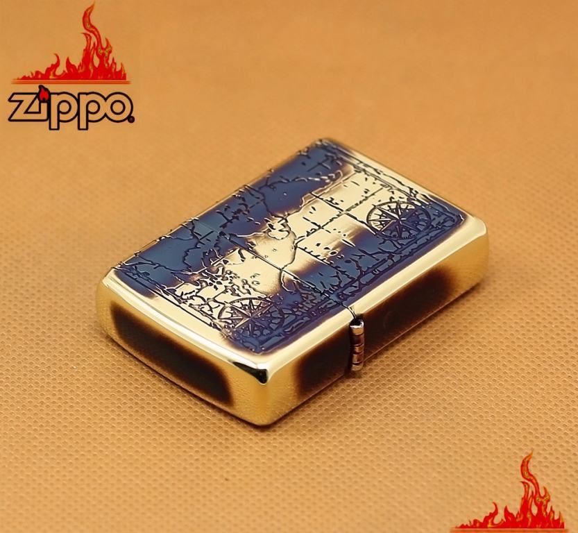 Zippo Chính Hãng Khắc Bản Đồ Cổ Vàng Nâu