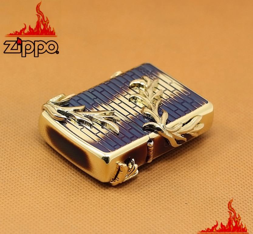 Zippo Chính Hãng Màu Vàng Đốt Đúc Hình Cành Liễu Nổi