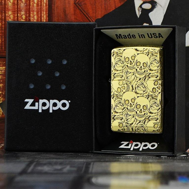 Zippo Chính Hãng Đồng Khắc 5 Năm Mặt Đầu Lâu Hoa Hồng