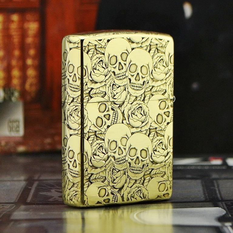 Zippo Chính Hãng Đồng Khắc 5 Năm Mặt Đầu Lâu Hoa Hồng