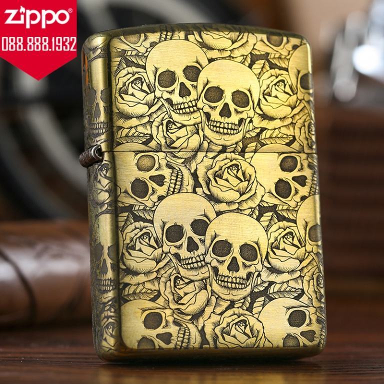 Zippo Chính Hãng Đồng Khắc 5 Năm Mặt Đầu Lâu Hoa Hồng Vỏ Dày Armor