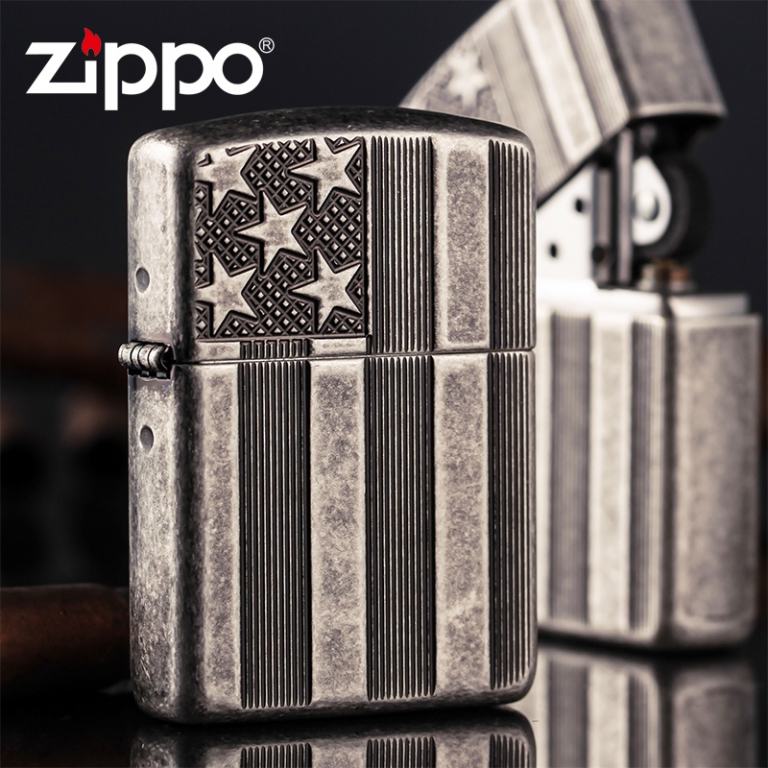 Zippo Chính Hãng Bạc Cổ Hình Cờ Mỹ