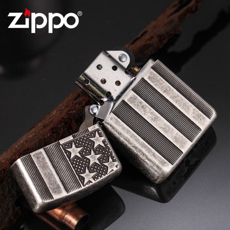 Zippo Chính Hãng Bạc Cổ Hình Cờ Mỹ