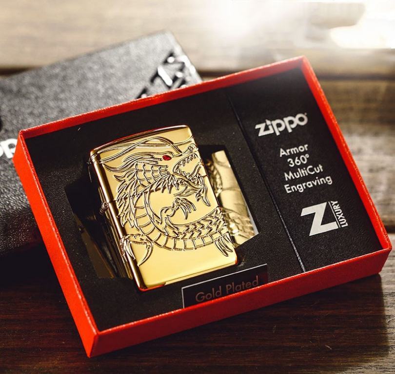 Zippo Chính Hãng Đồng Mạ Vàng Khắc Rồng Mắt Đỏ Tinh Xảo Vỏ Dày Armor