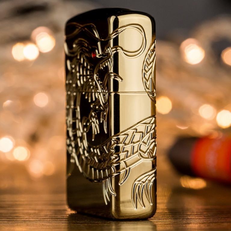 Zippo Chính Hãng Đồng Mạ Vàng Khắc Rồng Mắt Đỏ Tinh Xảo Vỏ Dày Armor