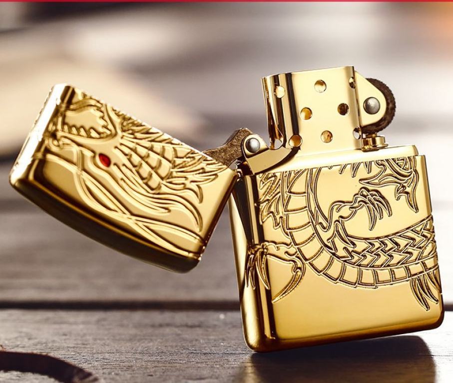 Zippo Chính Hãng Đồng Mạ Vàng Khắc Rồng Mắt Đỏ Tinh Xảo Vỏ Dày Armor