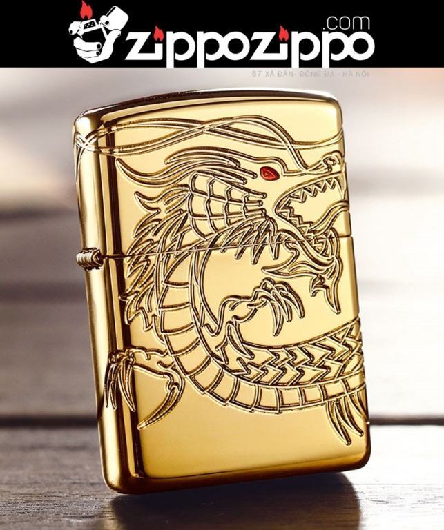 Zippo Chính Hãng Đồng Mạ Vàng Khắc Rồng Mắt Đỏ Tinh Xảo Vỏ Dày Armor